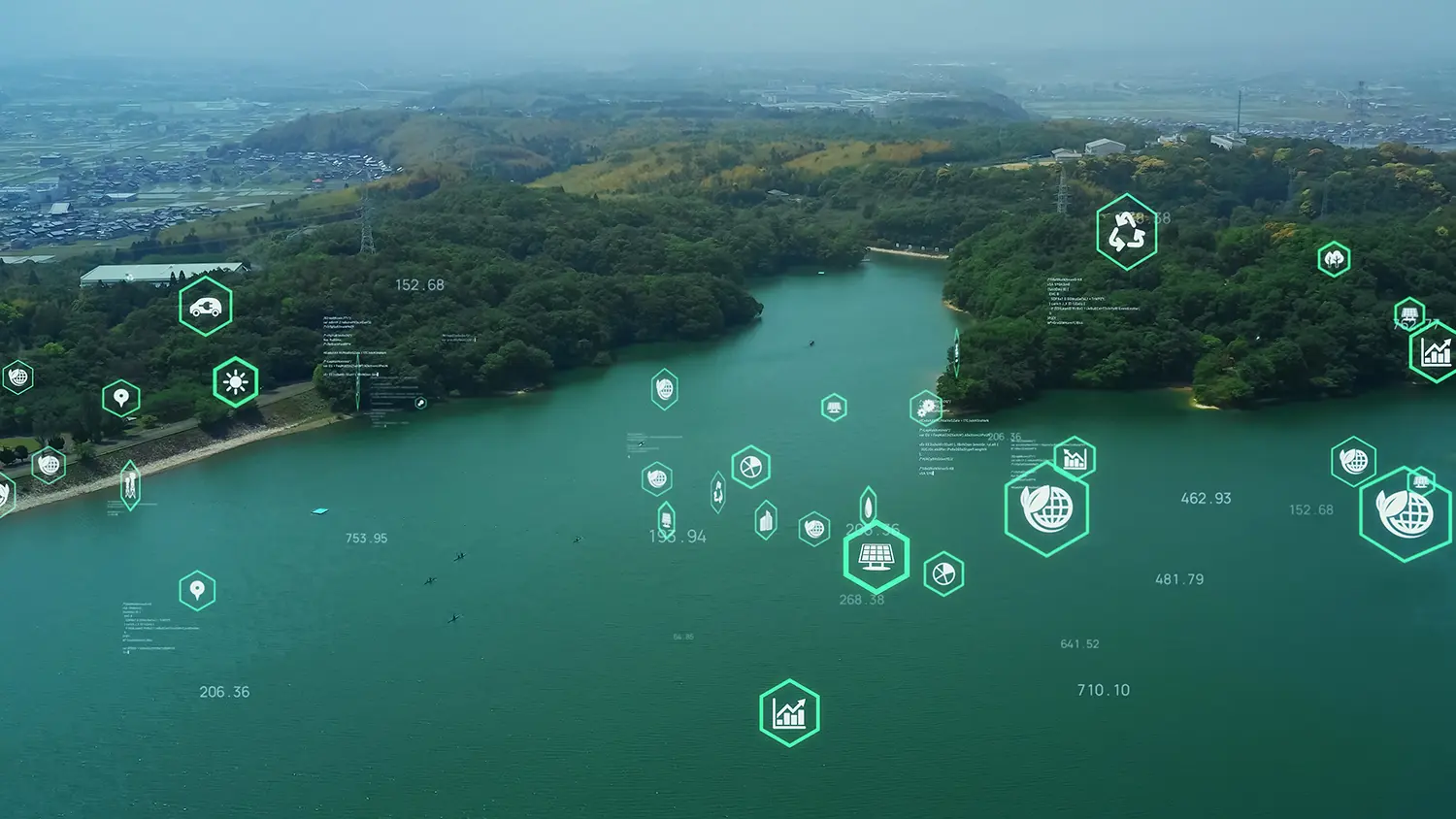 Data points over a sea landscape